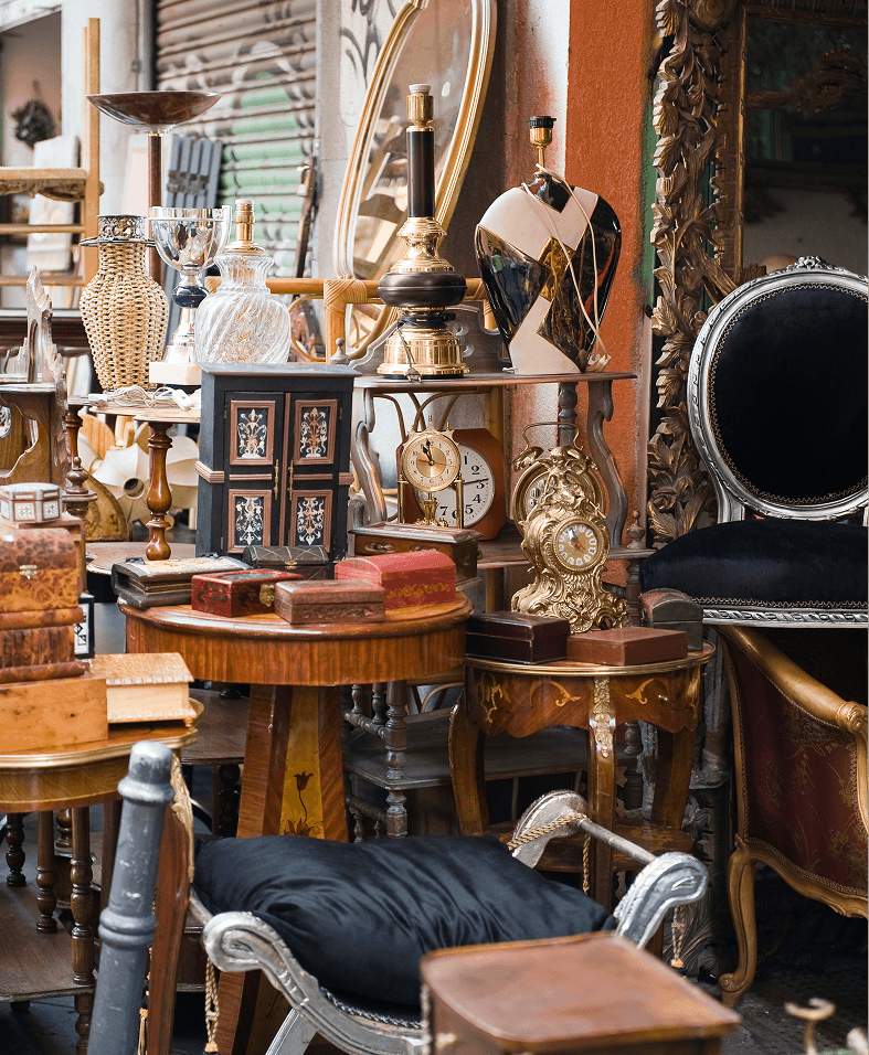 Antique shop displaying vintage furniture and decor.