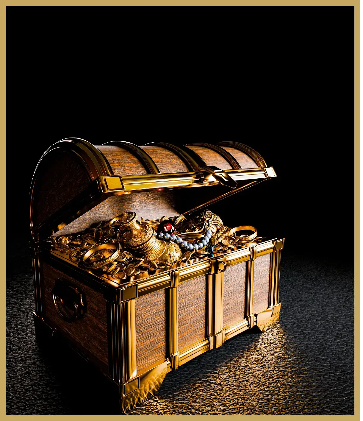 Open treasure chest filled with gold jewels.